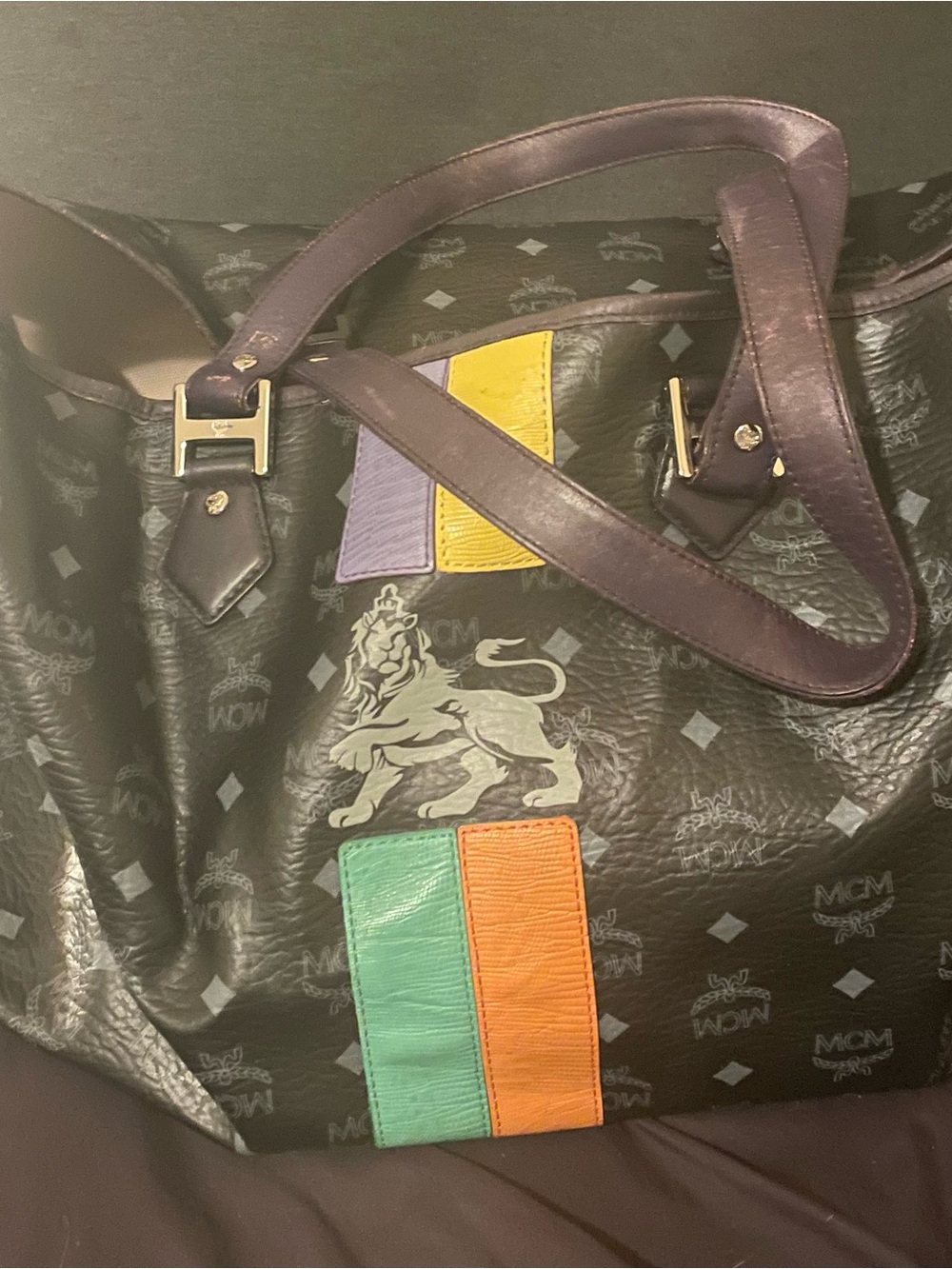 MCM Black Leather Tote with Purple Straps and Multi-Color Panels
